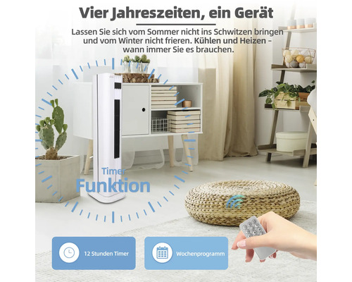 Raumszene mit weißem Turmventilator mit Timer Funktion und Wochenprogramm