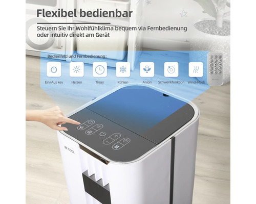 Mobiles Klimagerät mit Bedienfeld und Fernbedienung