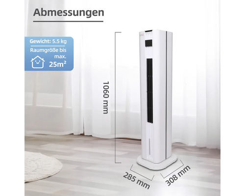 Abmessungen eines weißen Turmventilators mit einer Höhe von 1060 Millimeter, einer Breite von 285 Millimeter und einer Tiefe von 308 Millimeter