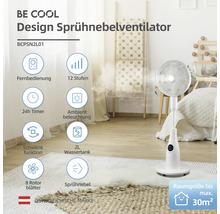 Design Sprühnebelventilator mit Fernbedienung, 12 Stufen, 24 Stunden Timer, Ambiente Beleuchtung, Schwenkfunktion, 2 Liter Wassertank und 8 Rotorblättern für Raumgrößen bis maximal 30 Quadratmeter