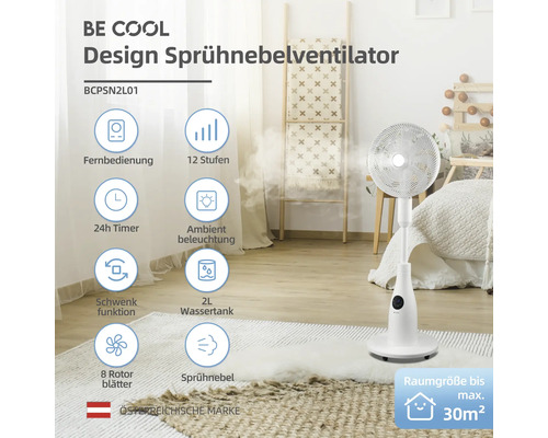 Design Sprühnebelventilator mit Fernbedienung, 12 Stufen, 24 Stunden Timer, Ambiente Beleuchtung, Schwenkfunktion, 2 Liter Wassertank und 8 Rotorblättern für Raumgrößen bis maximal 30 Quadratmeter