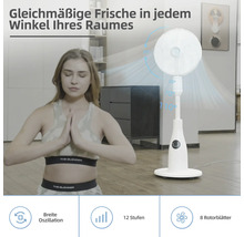 Szene mit einer Frau, die Yoga macht, und einem weißen Ventilator mit Oszillationseinstellung und 12 Geschwindigkeitsstufen