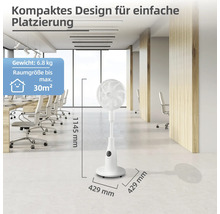 Weißer Ventilator im Büro mit Maßangaben 1145 mm Höhe und 429 mm Breite.