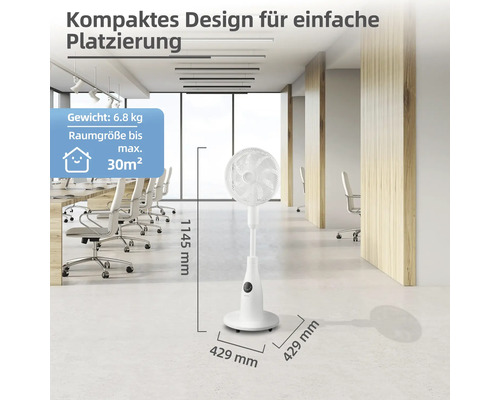 Weißer Ventilator im Büro mit Maßangaben 1145 mm Höhe und 429 mm Breite.