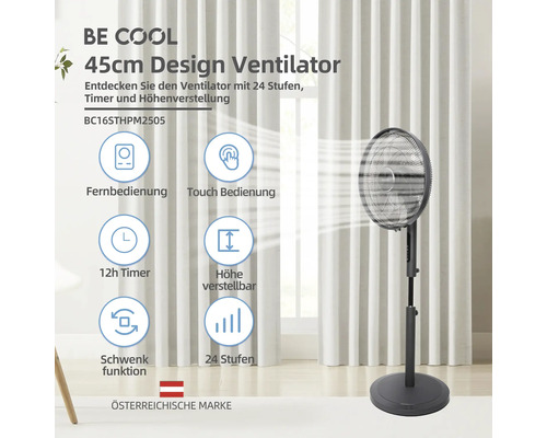 Ventilator mit 45 Zentimeter Durchmesser, Fernbedienung, Touchbedienung, 12 Stunden Timer, höhenverstellbar, Schwenkfunktion und 24 Stufen