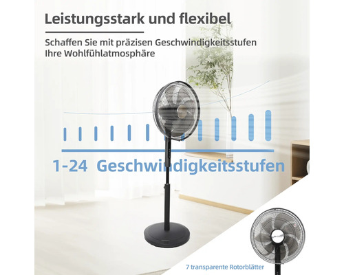 Schwarzer Standventilator mit transparenten Rotorblättern