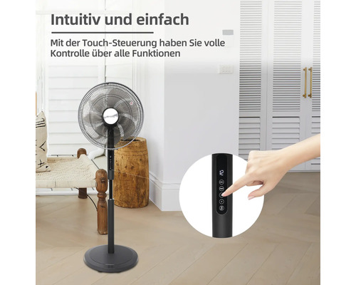 Schwarzer Standventilator mit Touch-Bedienung in einem Raum