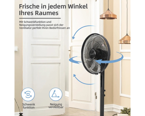 Standventilator mit Schwenkfunktion und Neigungsverstellung in einem Raum