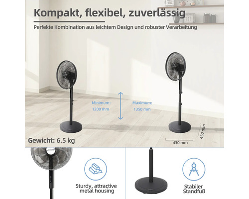 Ventilator mit Metallgehäuse und stabilem Standfuß, Mindesthöhe 1200 mm, maximale Höhe 1350 mm