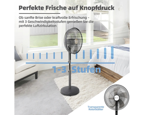 Standventilator mit drei Geschwindigkeitsstufen in einem hellen Raum