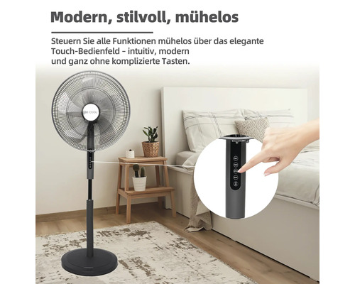 Standventilator mit Touchbedienfeld im Schlafzimmer
