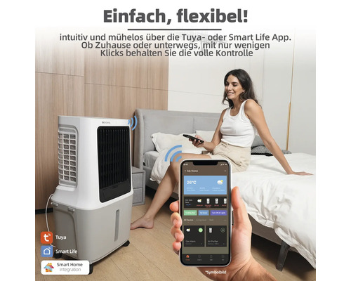 Szene eines Zimmers mit einer Frau auf einem Bett, einem Luftkühler und einem Smartphone mit Smart Home App