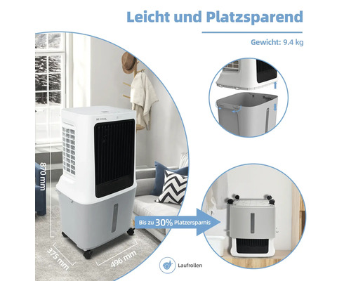 Mobiler Luftkühler mit Rollen und Gewichtsangabe