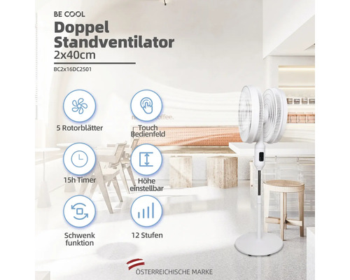 Doppel-Standventilator mit fünf Rotorblättern, Touch Bedienfeld, 15 Stunden Timer, Schwenkfunktion und 12 Stufen.