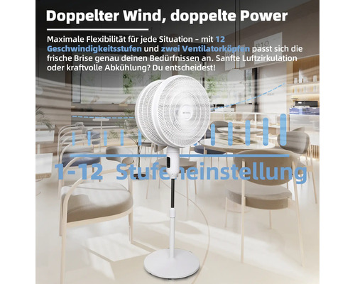 Standventilator mit zwei Ventilatoren und zwölf Geschwindigkeitsstufen in einem Raum