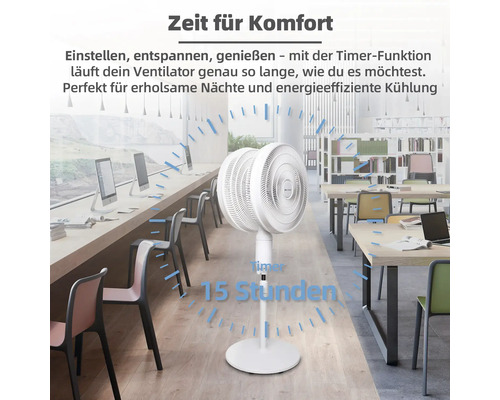 Weißer Ventilator mit Timerfunktion in einem Büro