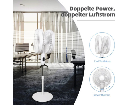 Weißer Standventilator mit zwei Ventilatoren im Büro
