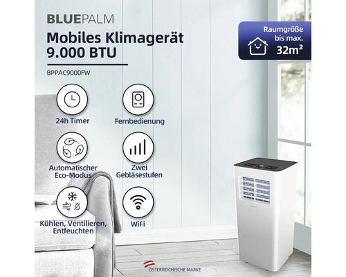Mobiles Bluepalm Klimagerät mit 9.000 BTU und Funktionen wie 24 Stunden Timer, Fernbedienung, Eco-Modus, zwei Gebläsestufen und WLAN