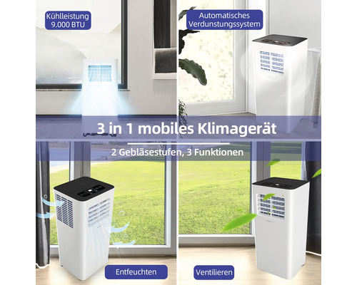 Mobiles 3-in-1 Klimagerät mit 2 Gebläsestufen und 9000 BTU Kühlleistung zur Entfeuchtung und Belüftung.