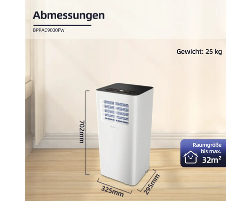 Abmessungen des mobilen Klimageräts mit Raumgröße bis maximal 32 Quadratmeter und einem Gewicht von 25 Kilogramm.
