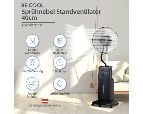 Be Cool Sprühnebel Standventilator mit 40 Zentimeter Durchmesser, 3.1 Liter Wassertank, Touchbedienfeld, Fernbedienung, 12 Stunden Timer, Anionfunktion, Luftbefeuchter und Österreichische Marke Siegel.