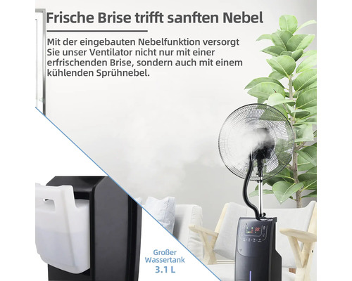 Ventilator mit Nebelfunktion und 3,1 Liter Wassertank im Wohnzimmer