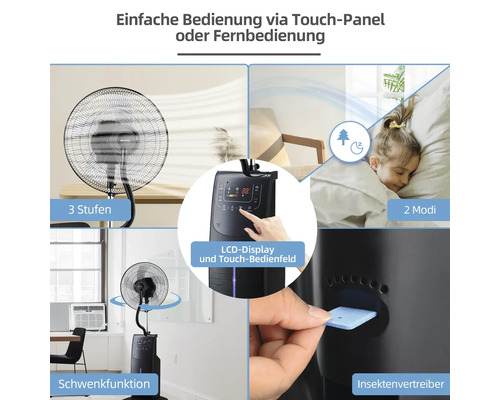 Befeuchtungsventilator mit Touchpanel und Fernbedienung, drei Geschwindigkeitsstufen, Schwenkfunktion, LCD-Display, zwei Modi und Insektenabwehr