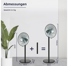 Abmessungen eines Ventilators mit Standfuß dargestellt.