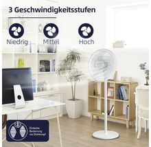 Ein Standventilator im Wohnraum, der drei Geschwindigkeitsstufen und eine einfache Bedienung per Drehknopf bietet.