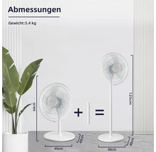 Abbildung eines Ventilators mit Angabe von Abmessungen und Gewicht von 5,4 Kilogramm