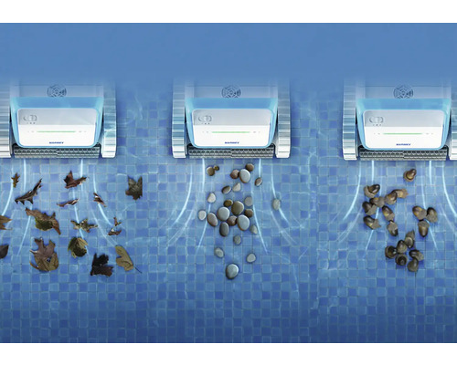 Drei Poolroboter reinigen Blätter, Steine und Schmutz vom Beckenboden.