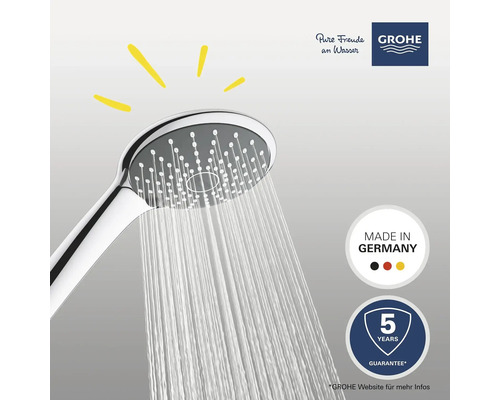 Brausekopf mit Wasserstrahl und Made in Germany Siegel sowie fünf Jahre Garantie Siegel