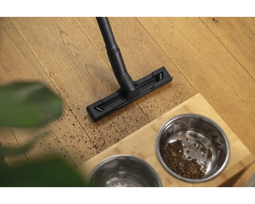 Staubsauger reinigt Boden neben Fressnapf