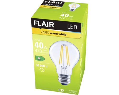 Verpackung einer Flair LED Lampe A60 E27 mit 2700 Kelvin warmweiß