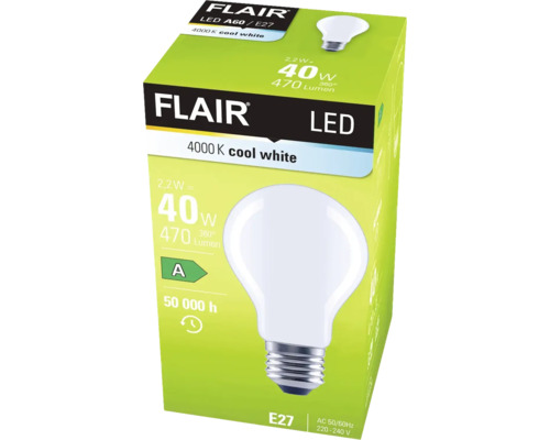 Verpackung einer Flair LED Lampe A60 mit E27 Sockel, 4000 Kelvin kaltweiß