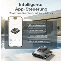 Poolreinigungsroboter mit App-Steuerung neben einem Smartphone auf einer Terrasse