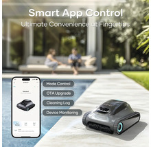 Aiper Scuba S1 Poolreinigungsroboter mit App-Steuerung neben einem Smartphone auf dem Beckenrand