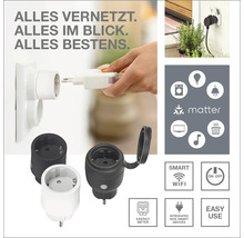 Intelligente Steckdosen mit Matter Logo und zugehörigen Symbolen