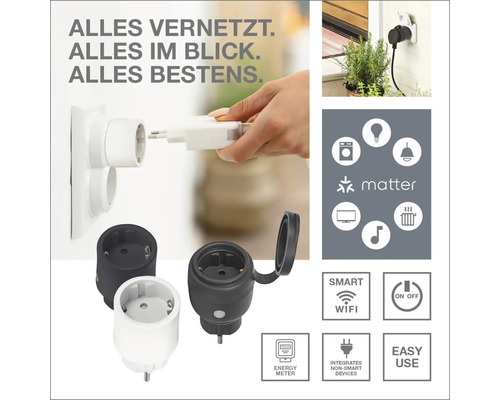 Intelligente Steckdosen mit Matter Logo und zugehörigen Symbolen