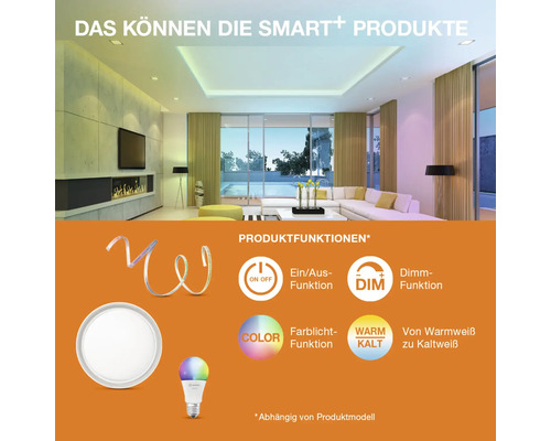 Produktbild einer modernen Wohnung mit SMART+ Produkten und ihren Funktionen: Ein- und Ausschalten, Dimmen, Farblichtfunktion und Wechsel von Warmweiß zu Kaltweiß.