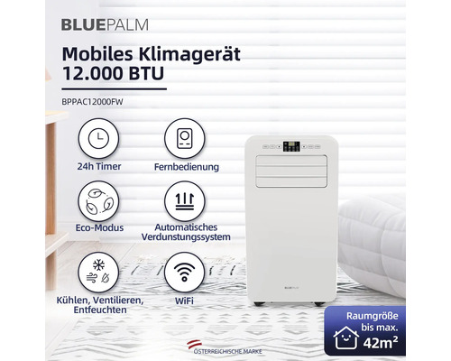 Mobiles BluePalm Klimagerät mit 12.000 BTU, 24h Timer, Fernbedienung, Eco-Modus, automatischem Verdunstungssystem und WiFi Funktion für Raumgrößen bis maximal 42 Quadratmeter