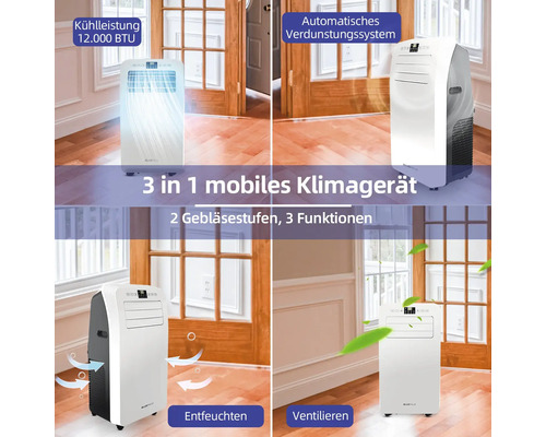 Mobiles 3-in-1 Klimagerät mit zwei Gebläsestufen, Kühlleistung 12000 BTU, automatisches Verdunstungssystem, Entfeuchtungs- und Ventilationsfunktion.
