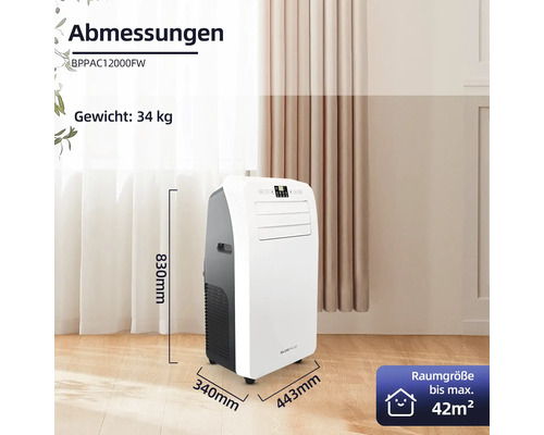 Mobiles Klimagerät mit den Abmessungen 830 mm Höhe, 340 mm Breite und 443 mm Tiefe, geeignet für eine Raumgröße bis maximal 42 Quadratmeter.