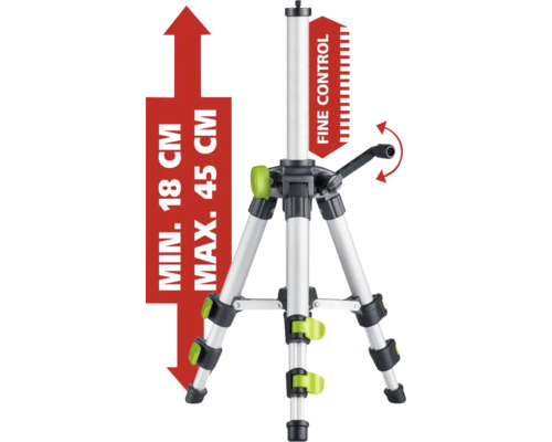 Stativ mit einer minimalen Höhe von 18 Zentimeter und einer maximalen Höhe von 45 Zentimeter