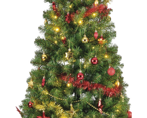 Geschmückter Weihnachtsbaum mit Lichtern, Girlanden und Christbaumkugeln