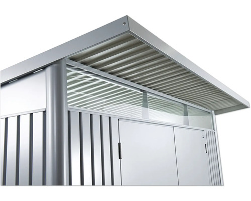 Detailansicht eines Gerätehauses mit Doppeltür, Seitenfenster und Dach