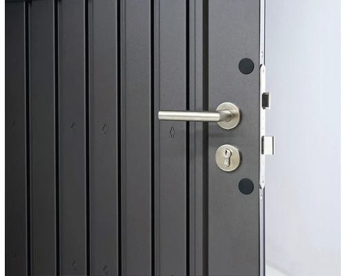 Nahaufnahme einer Sicherheitstür mit Griff und Schloss