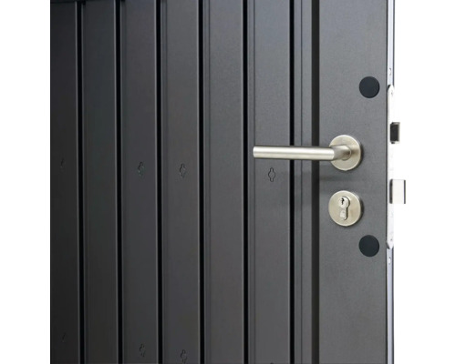 Detailansicht einer grauen Sicherheitstür mit Griff und Schloss