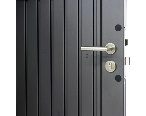 Detailansicht einer grauen Sicherheitstür mit Türgriff und Schloss