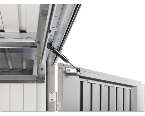 Detailansicht eines Metallgartenschranks mit Gasdruckfeder